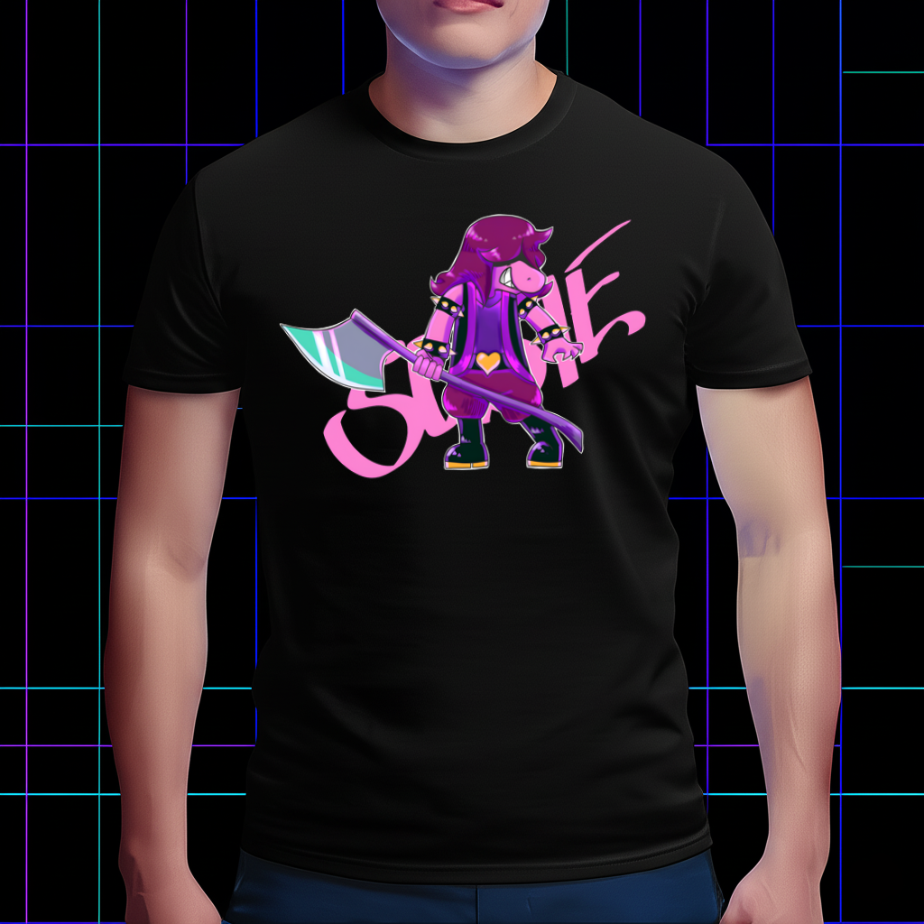 DELTARUNE Susie Monster Friend T-shirt worn by a model, demonstrating its comfortable fit, essential DELTARUNE merch