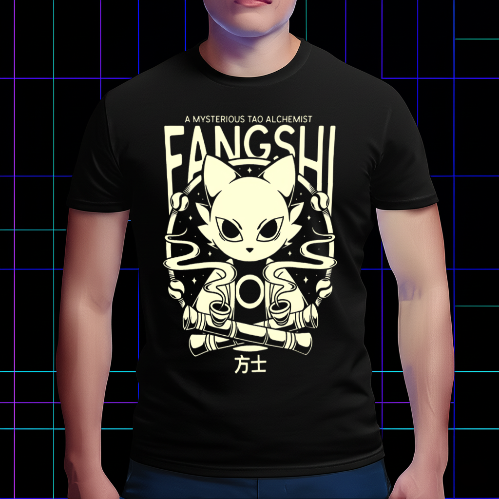 A model wearing the Nine Sols Yi T-shirt, highlighting the "A mysterious Tao Alchemist" text