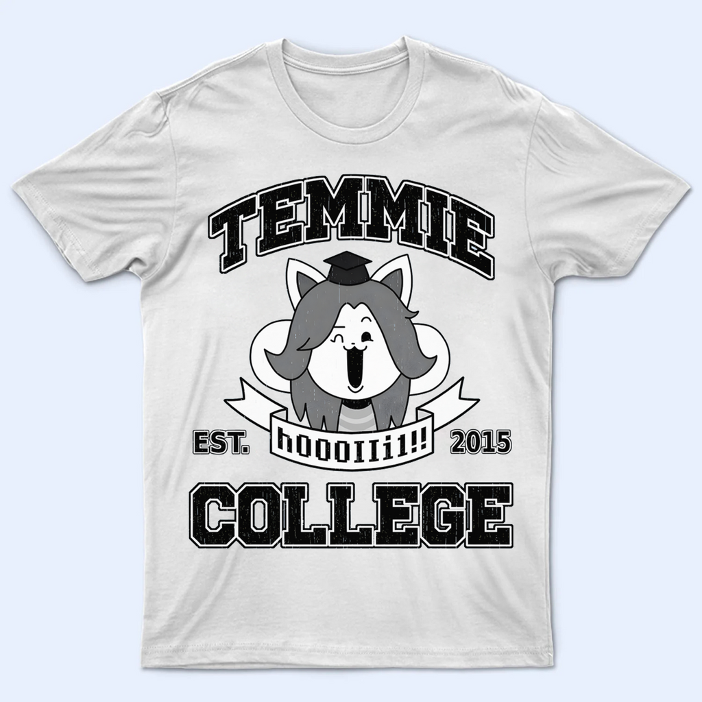 Close-up of Temmie College est 2015 shirt print, highlighting the detailed Temmie character and text.