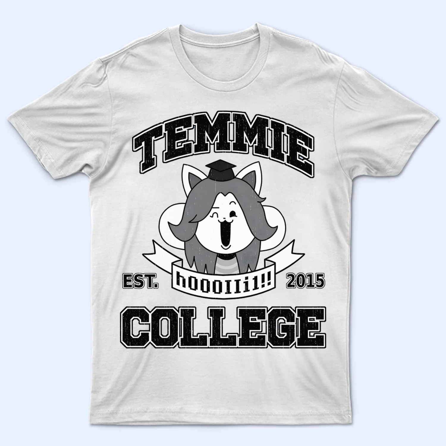 Close-up of Temmie College est 2015 shirt print, highlighting the detailed Temmie character and text.