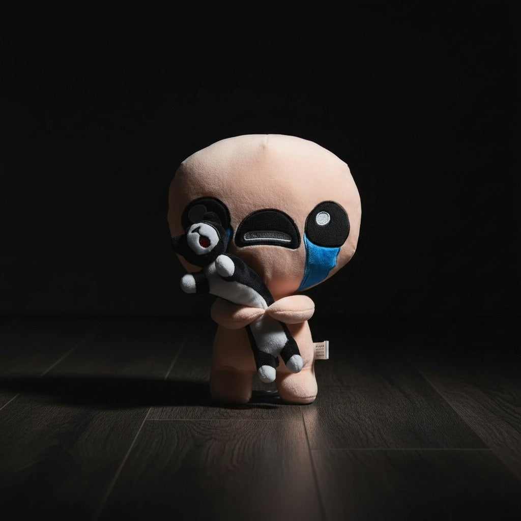 Dark view of the crying Isaac plush toy, a fan-inspired tribute to the dark indie roguelike game.