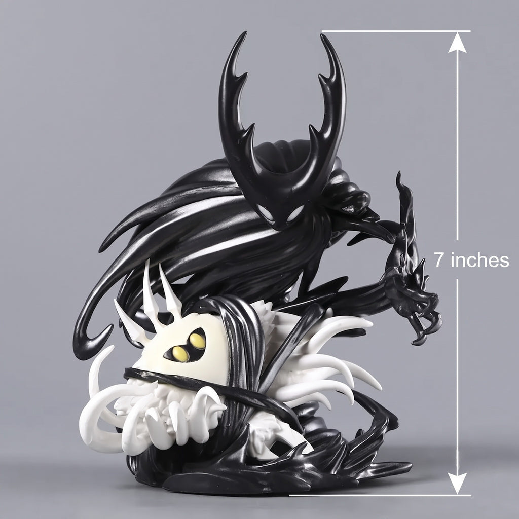 Side view showing the 18cm (7 inch) height scale of The Hollow Knight & The Radiance Figure on a gaming desk setup.