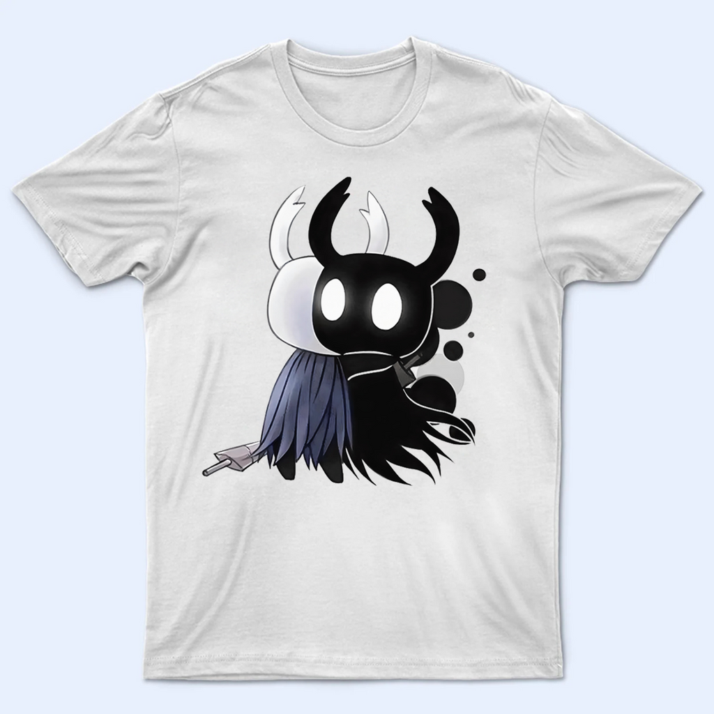 The Knight character from Hollow Knight printed on a t-shirt mockup