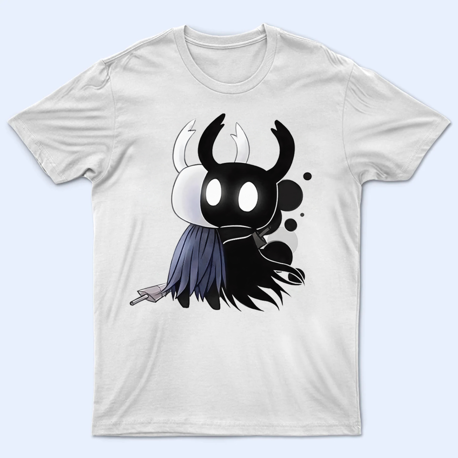 The Knight character from Hollow Knight printed on a t-shirt mockup