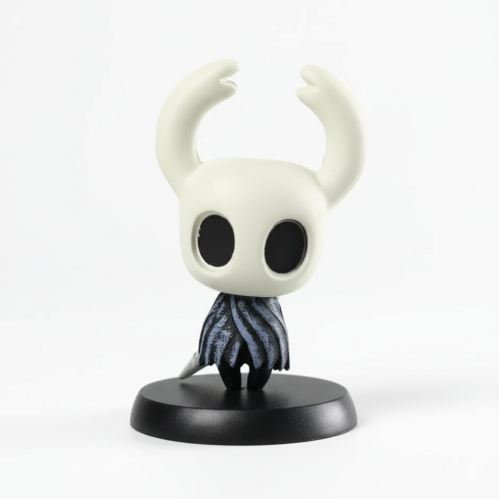 Front view of the The Knight Mini Figure in a heroic stance, essential Hollow Knight Merch.
