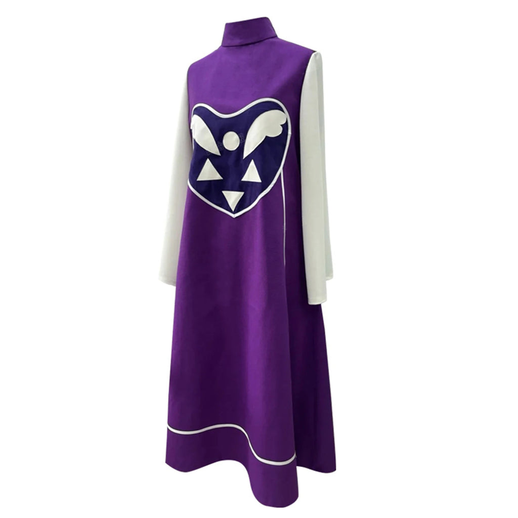A purple and white Toriel long-sleeve dress costume featuring a high mock neck, a large white heart-shaped mask graphic on the chest, and white piping details along the hem and sleeves.