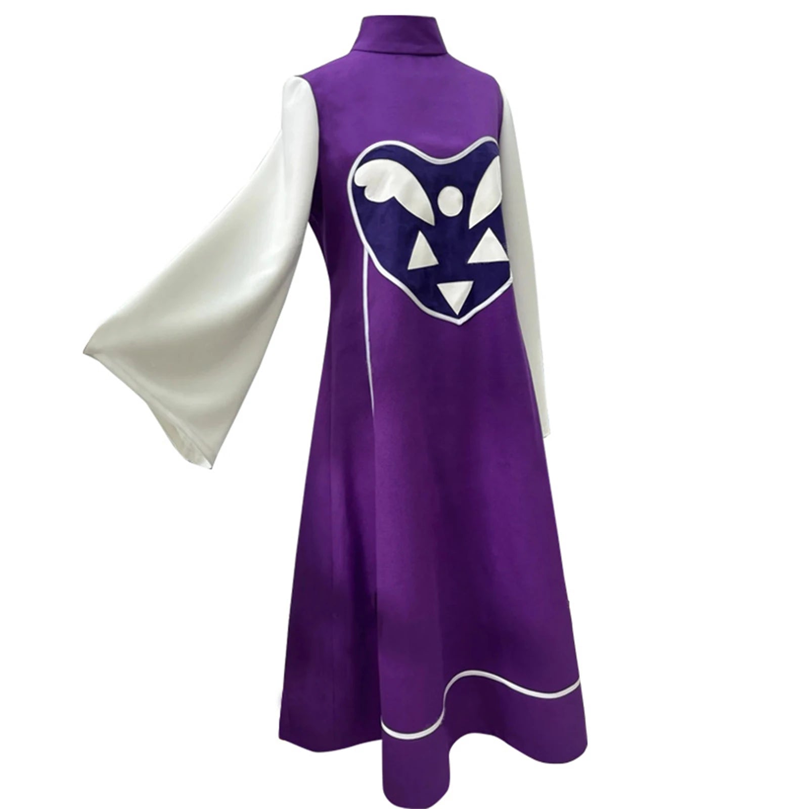 A purple and white Toriel costume dress featuring a high collar, long white sleeves, and a stylized white and dark purple mask graphic on the back.