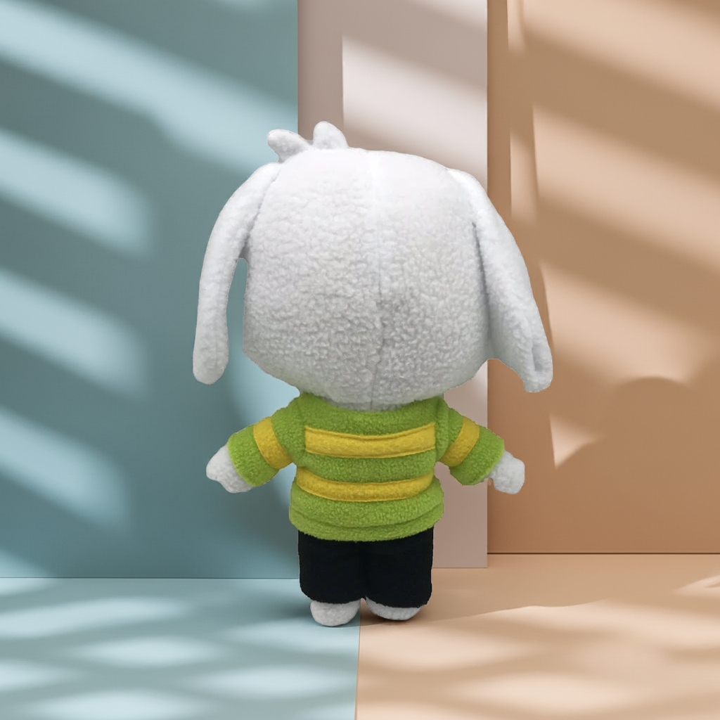 Back view of the Undertale Asriel Dreemurr plush toy, a super soft stuffed goat kid doll.