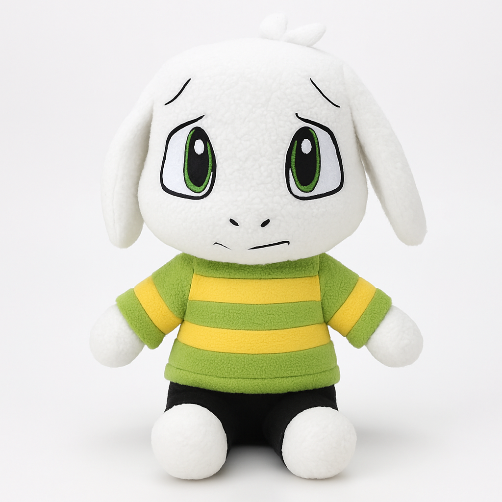 Front view of the Undertale Asriel Dreemurr plush toy, showing his face and full body, a super soft stuffed goat kid doll.