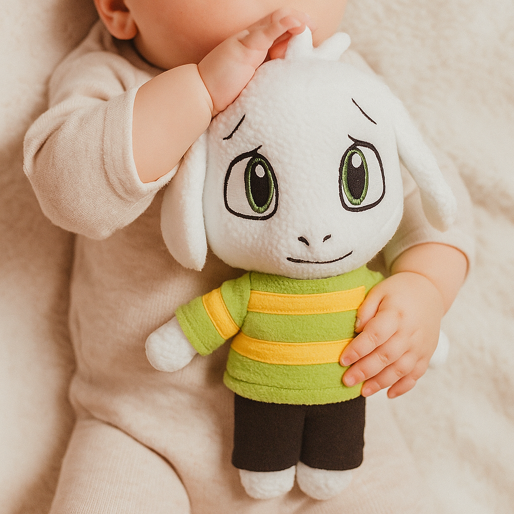 Undertale Asriel Dreemurr toy being held by a child, showing it as a perfect gift for children for birthdays or Christmas.