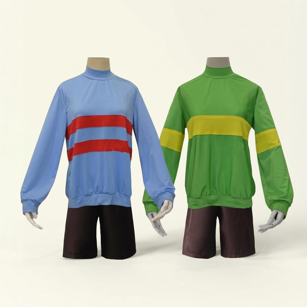 Front view of the Undertale cosplay Frisk Chara costume set showing both green and blue striped outfits.