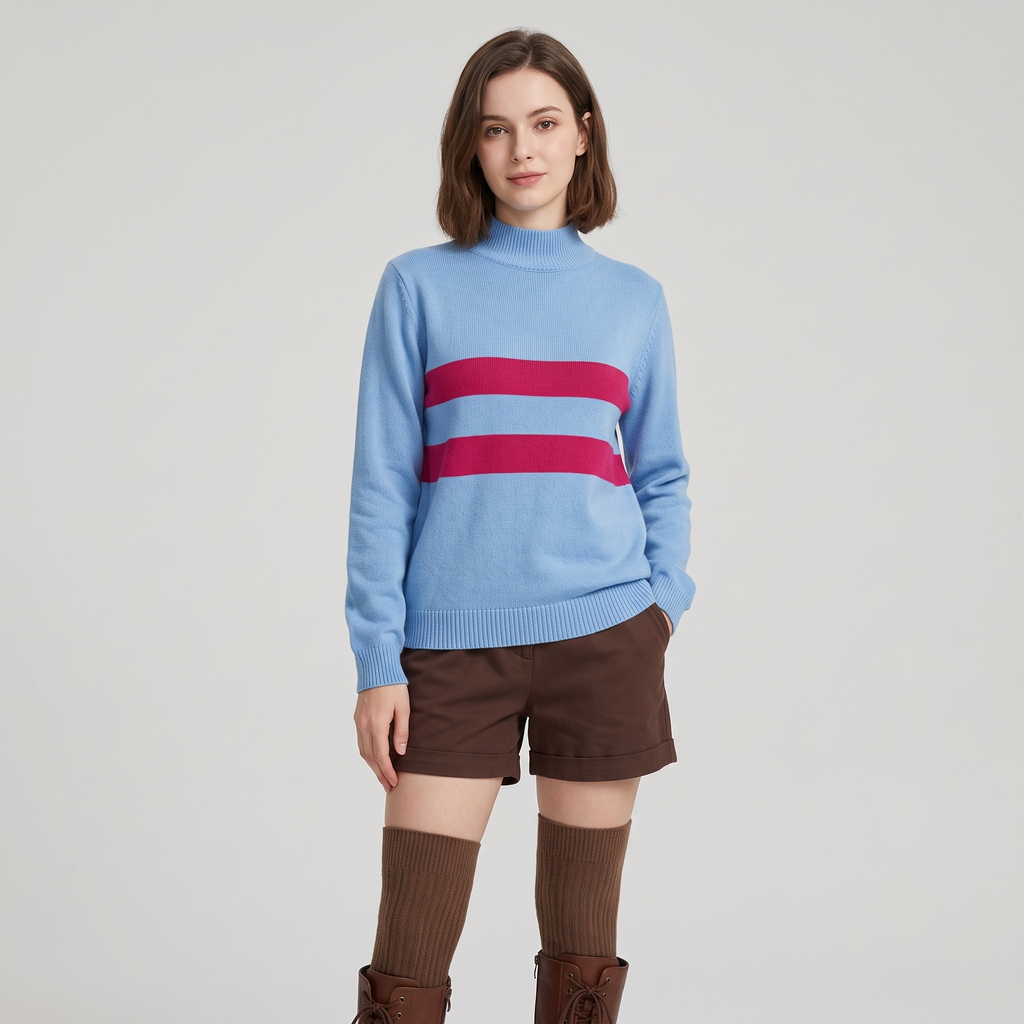 Blue and purple striped Undertale cosplay Frisk outfit complete with casual shorts on a model.