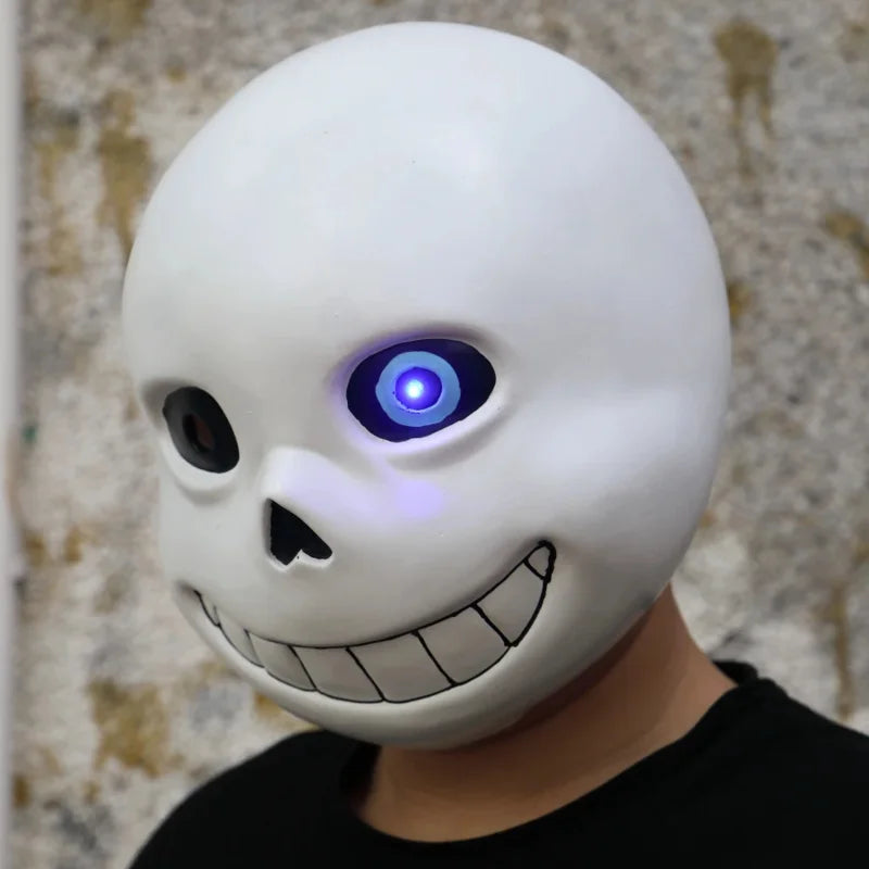 Side view of the Undertale cosplay Sans mask, showing the full head coverage and adult size fit