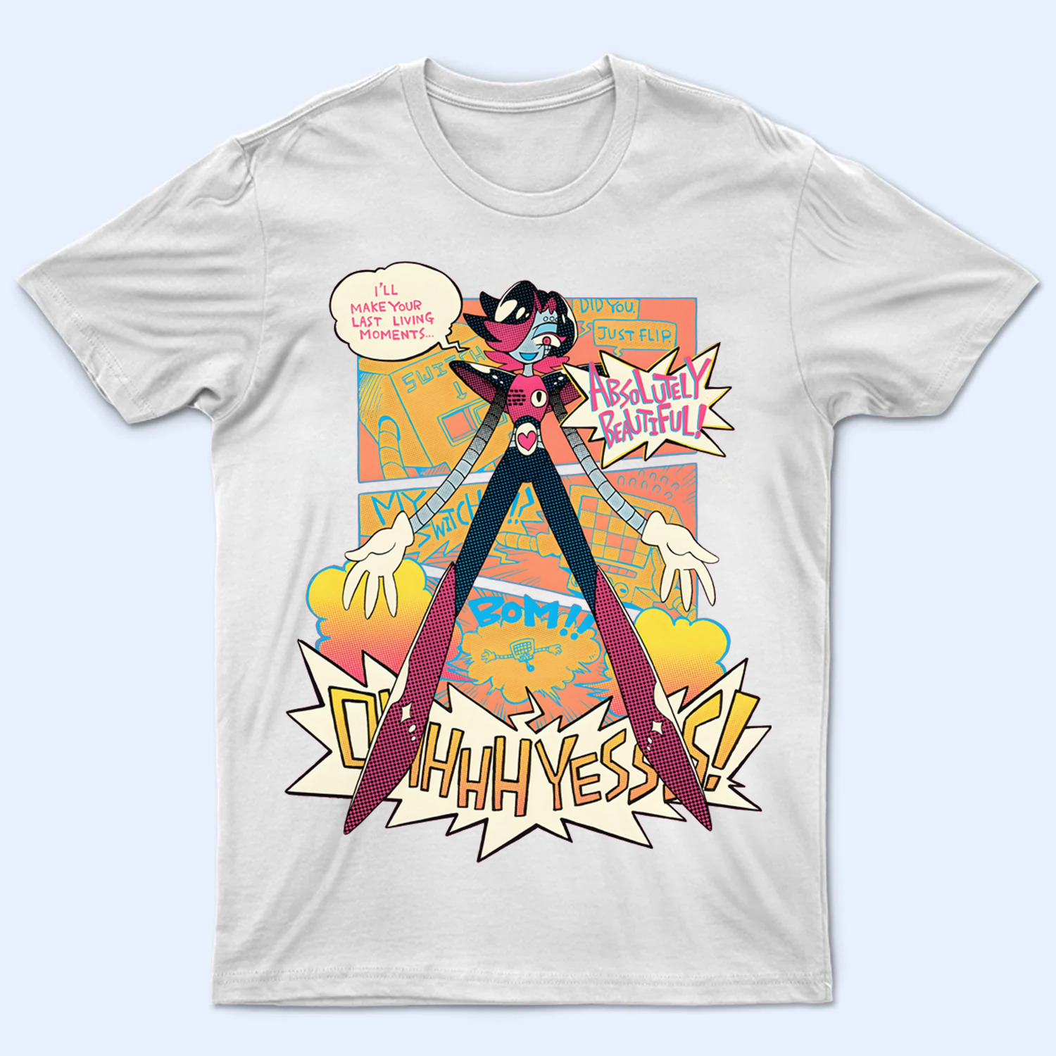 Front view of the Undertale "Death by Glamour (Sweet 16)" T-shirt on a model, showcasing the iconic Mettaton EX design