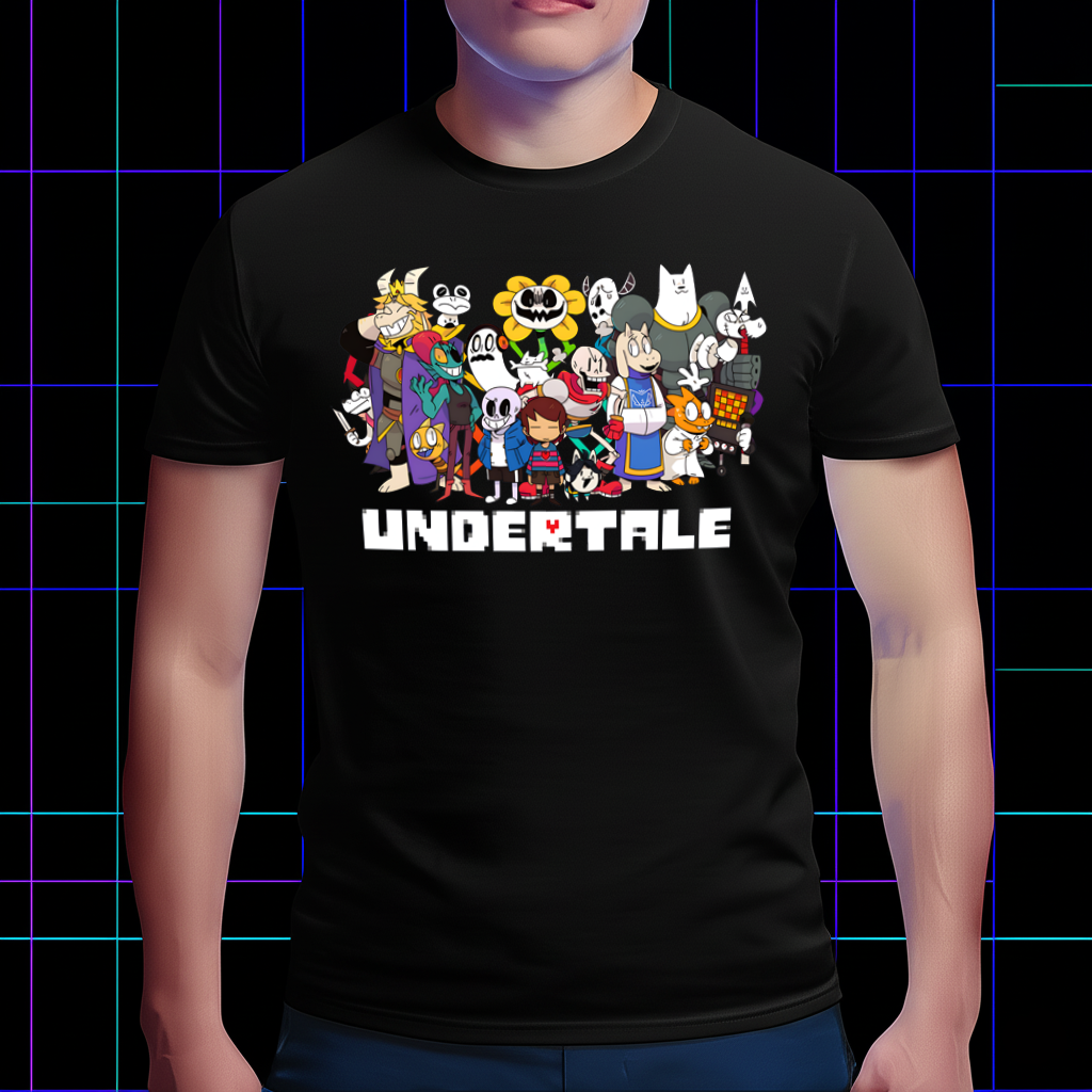 Front view of Undertale Merch: All Characters T-shirt on a model, showcasing the complete cast of beloved game characters.