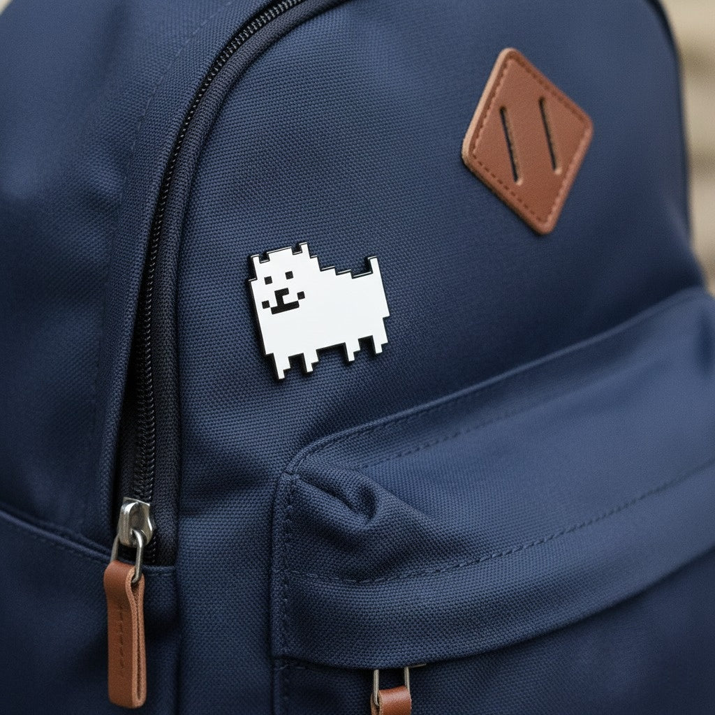 Undertale Merch Annoying Dog Enamel Pins decorating a backpack, showcasing its use as apparel decoration.