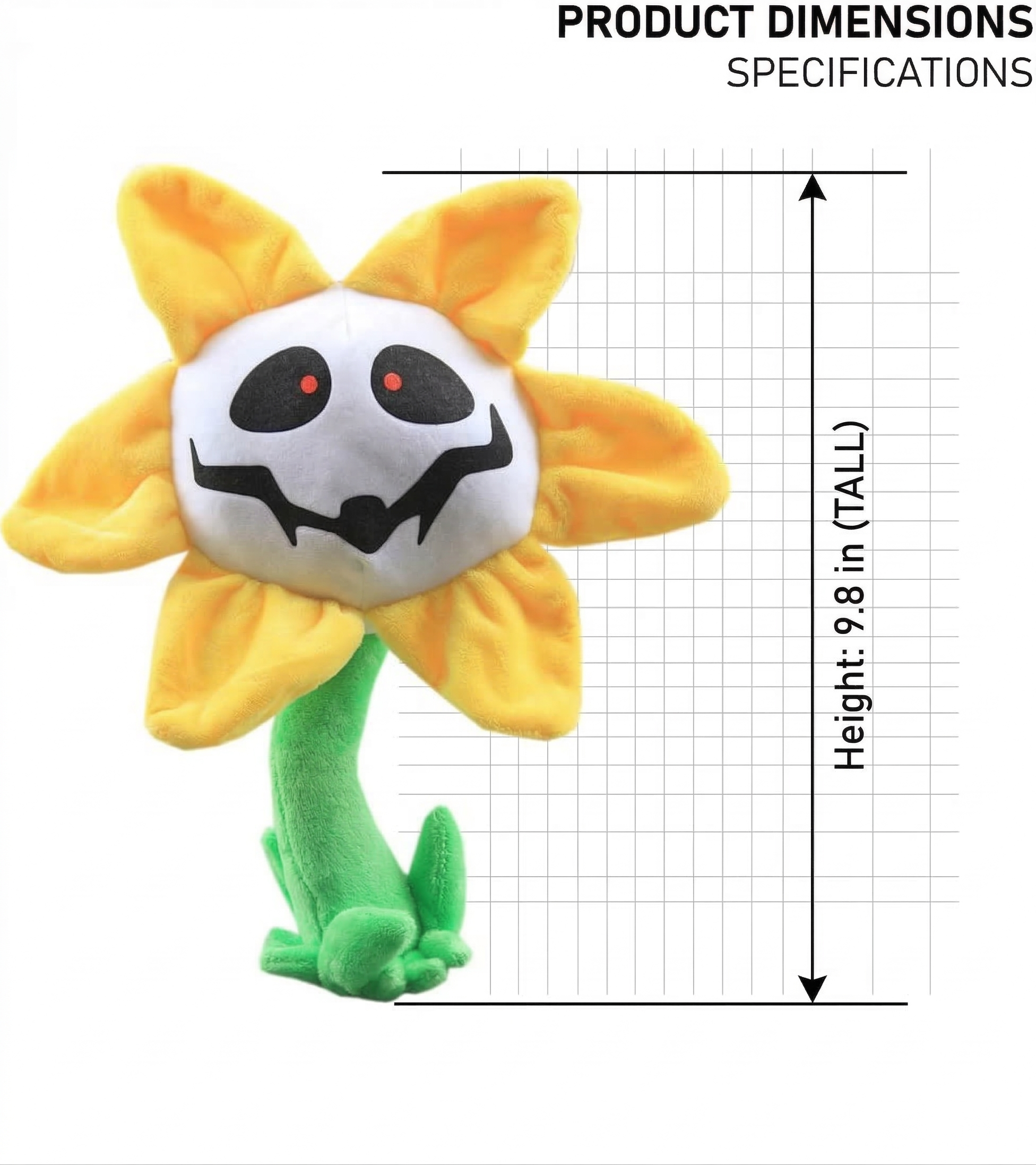 Flowey plush toy with a face on a white background with product dimensions.