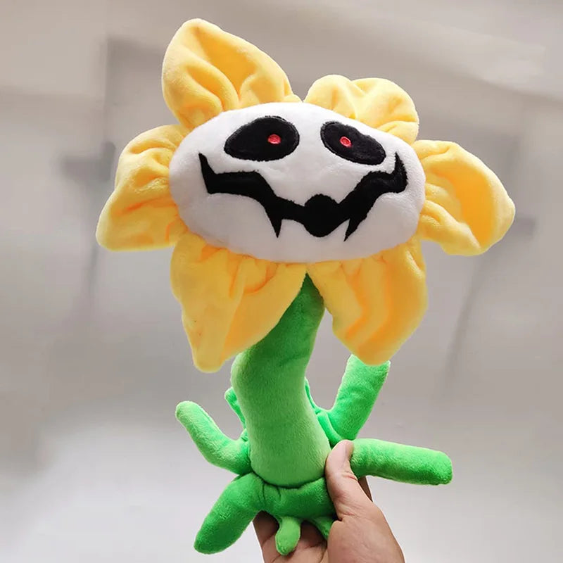 Undertale merch Flowey Plush Toy displayed on a shelf, a perfect collectible for fans.