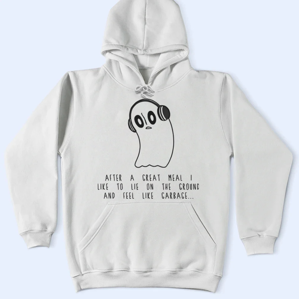 Beige hoodie with a ghost graphic and text on a light blue background