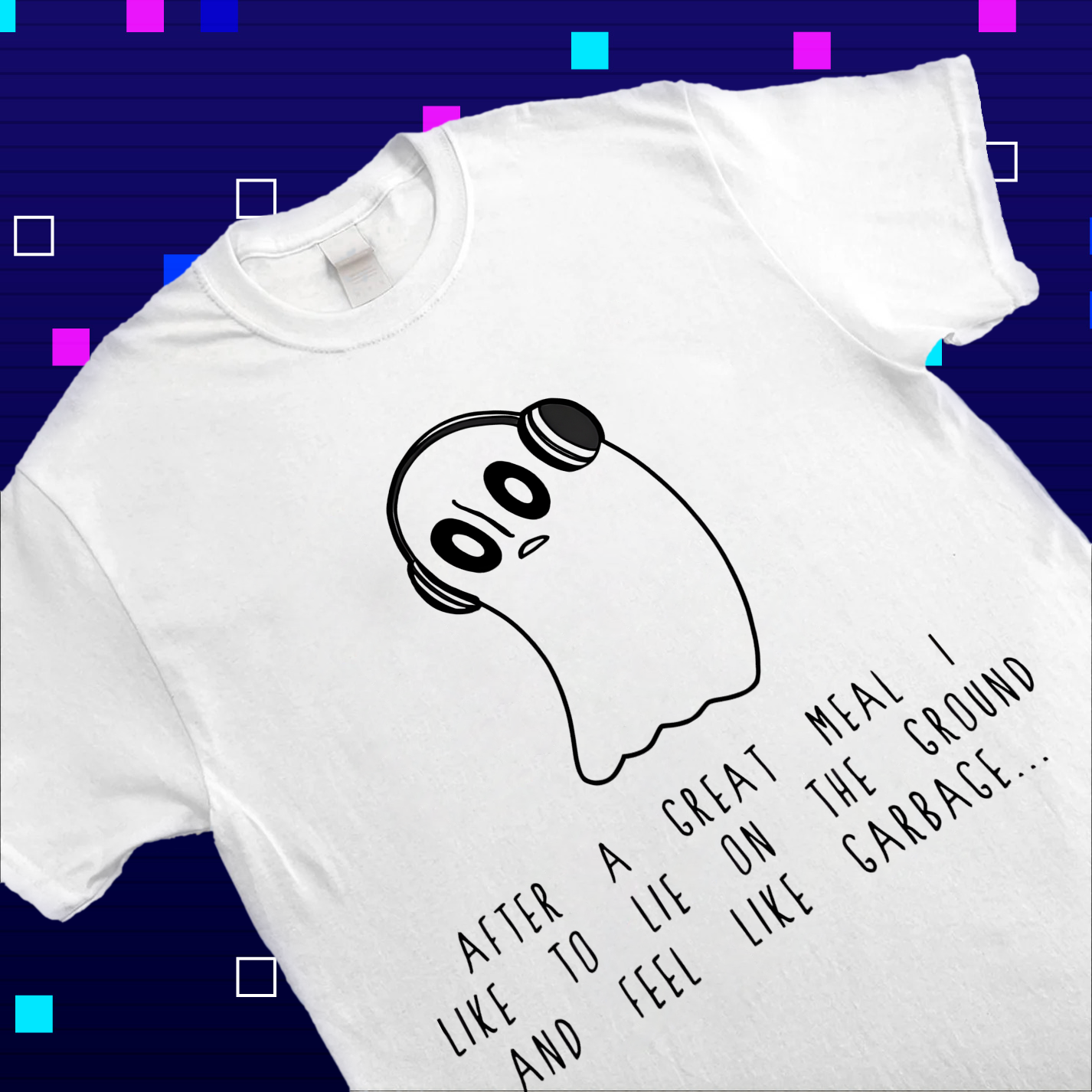 Flat lay of Undertale merch Napstablook "Really Not Feeling Up To It Right Now, Sorry" tee, displaying the full graphic.