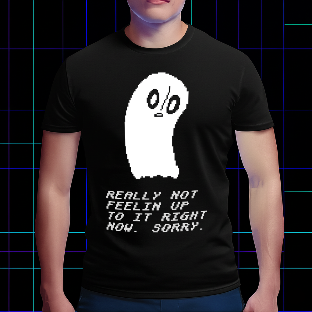 Undertale merch Napstablook "Really Not Feeling Up To It Right Now, Sorry" T-shirt, front view on model.