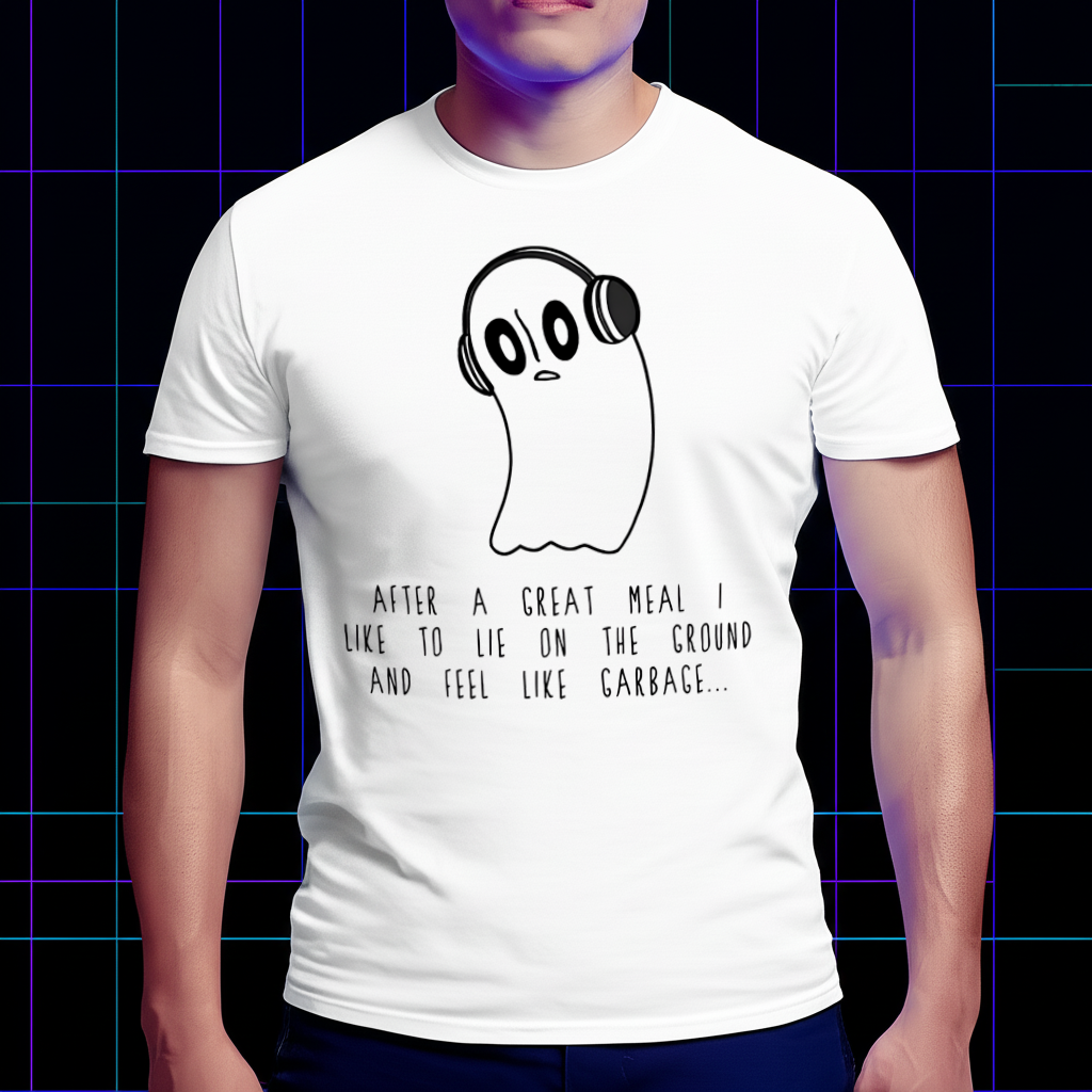 Undertale merch Napstablook "Really Not Feeling Up To It Right Now, Sorry" T-shirt, front view on model.
