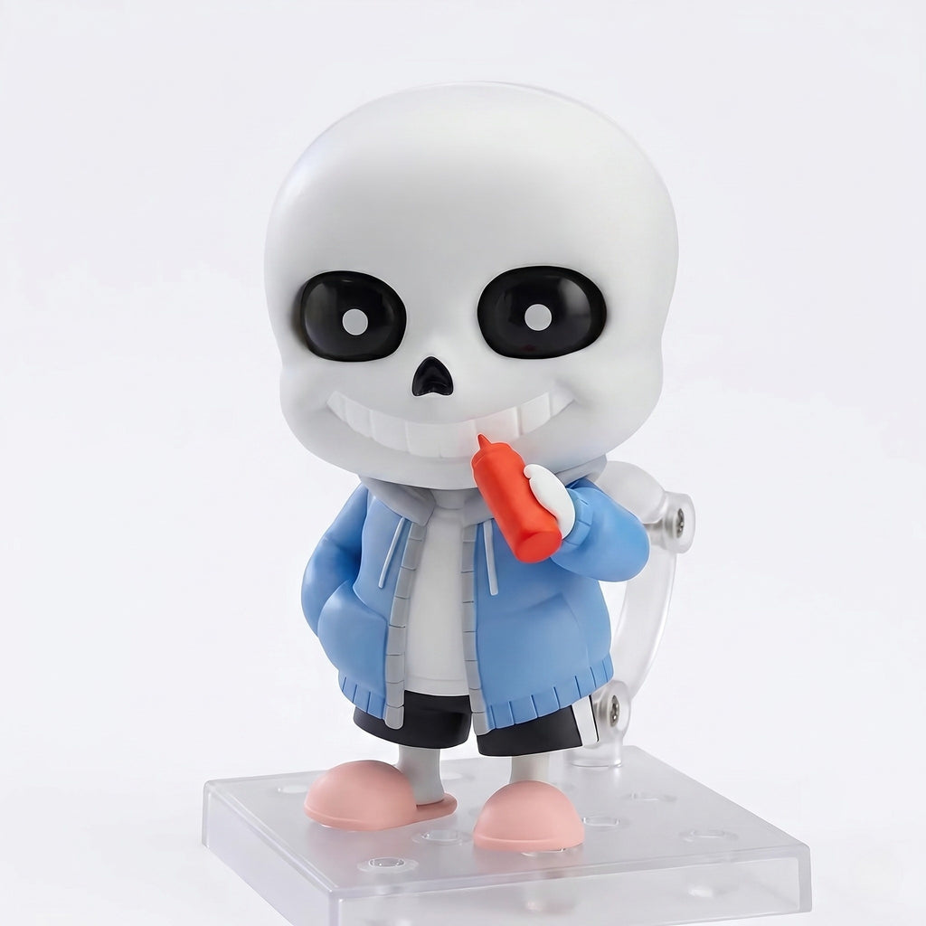 Sans figure with a blue coat and orange object on a white background