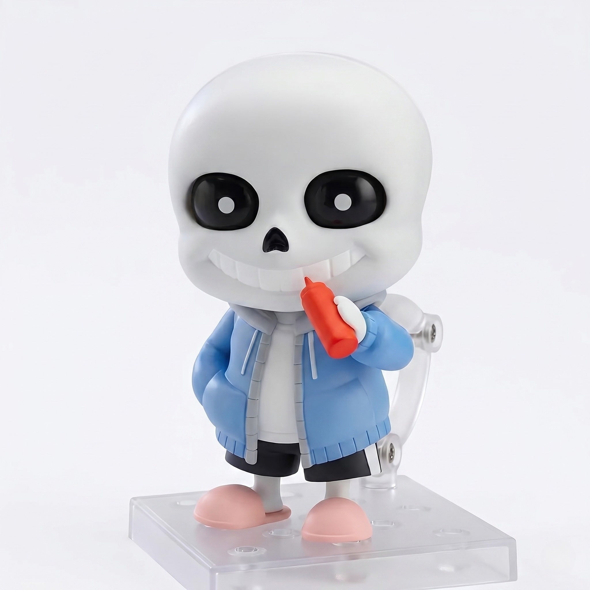 Sans figure with a blue coat and orange object on a white background