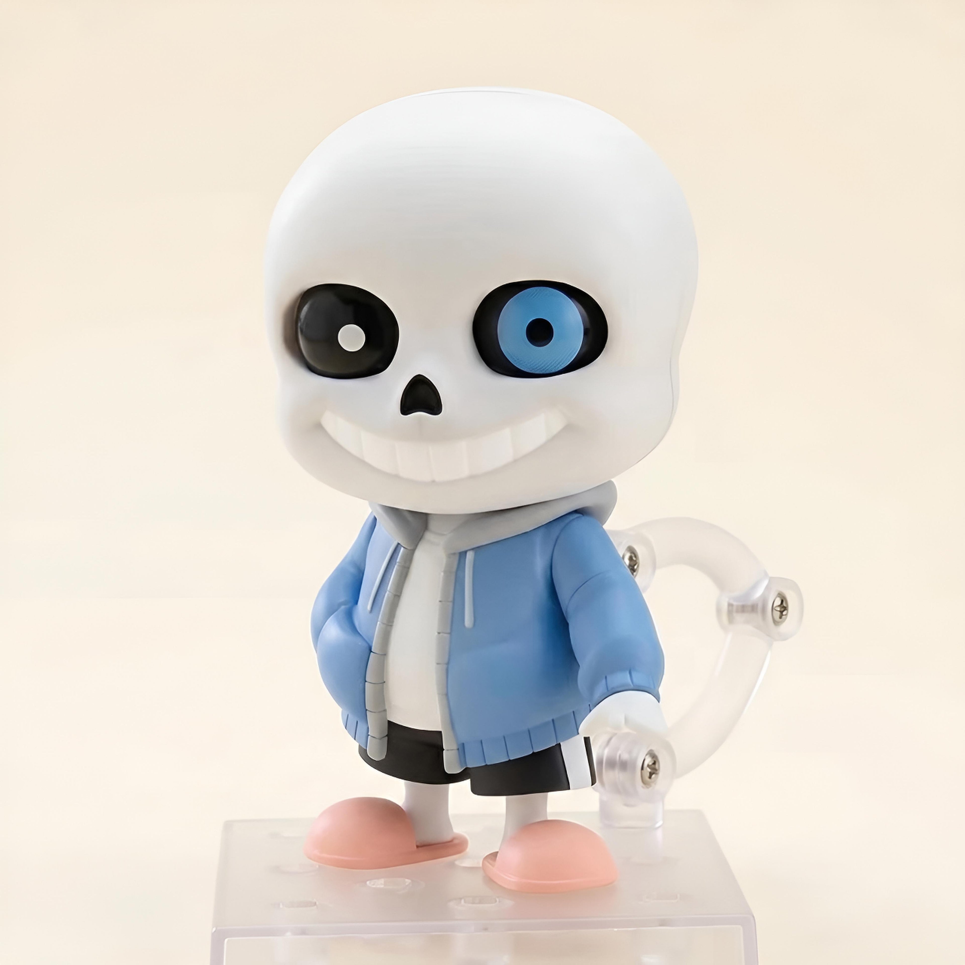 Sans Undertale figurine with blue jacket and pink shoes on a beige background