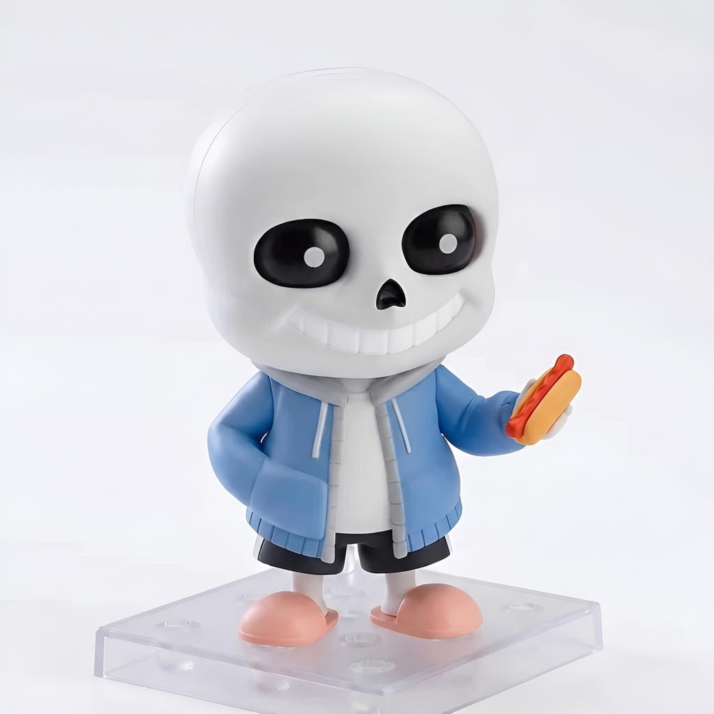 Sans Undertale figure with a blue jacket holding a red and yellow object on a white background