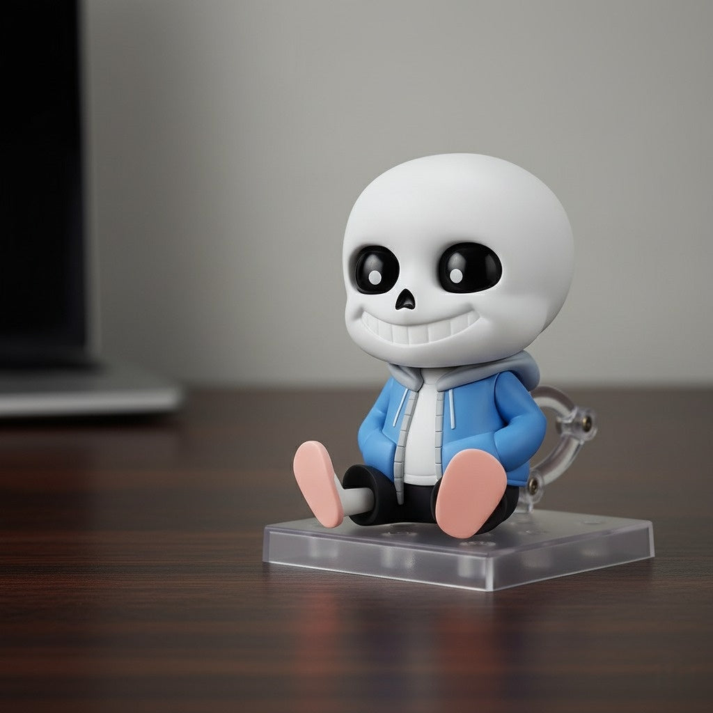 Undertale Merch Sans Figure displayed on a gaming desk, perfect for fan decor.