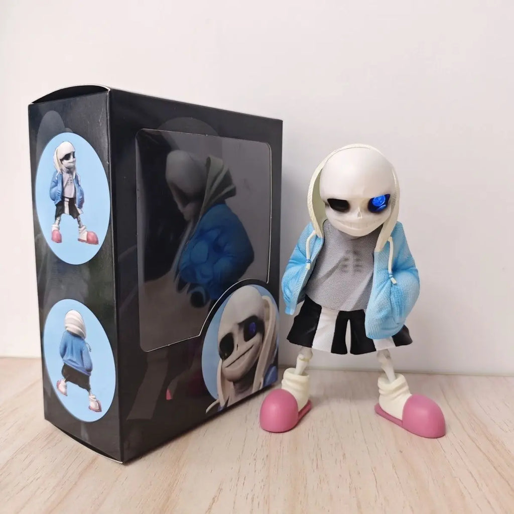 Front view of the Undertale Merch, Sans Figure with box, showcasing the collectible skeleton model.