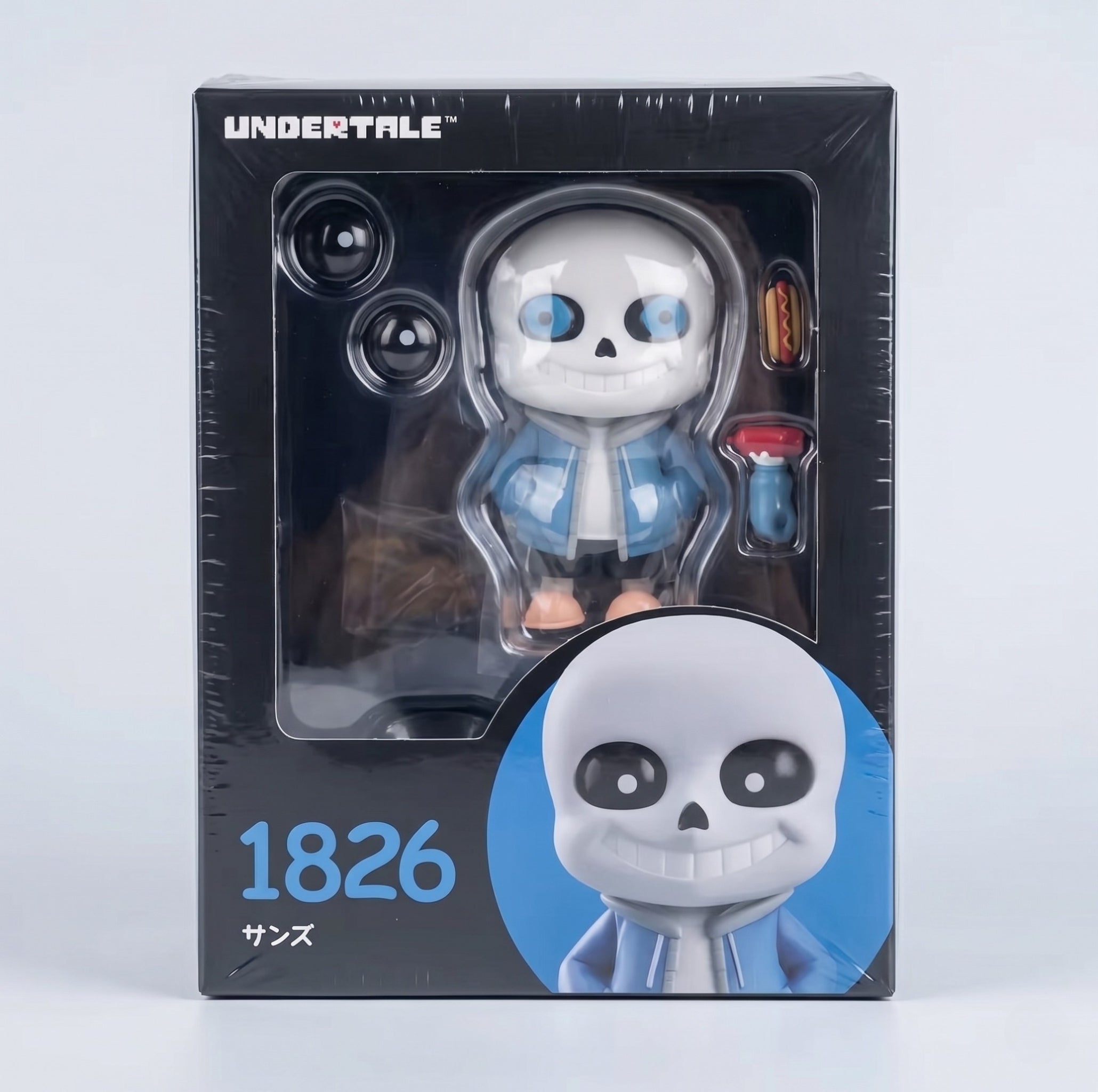 Sans figurine in packaging with 'Undertale' branding on a light gray background