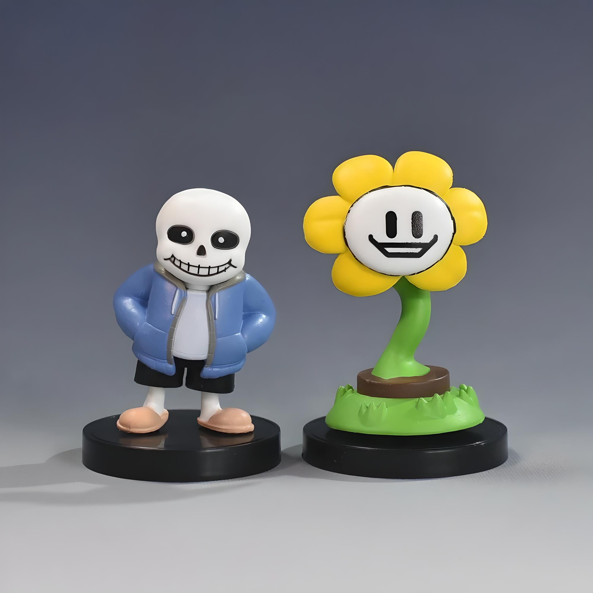 Undertale Merch Sans and Flowey Figure set, front view, showing the iconic duo together.