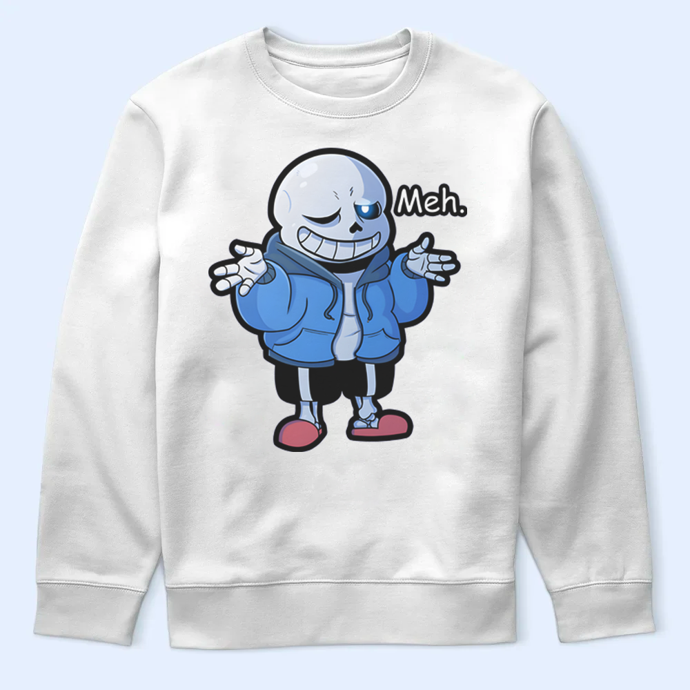 White sweatshirt with a Sans character and 'Meh' text on a light blue background