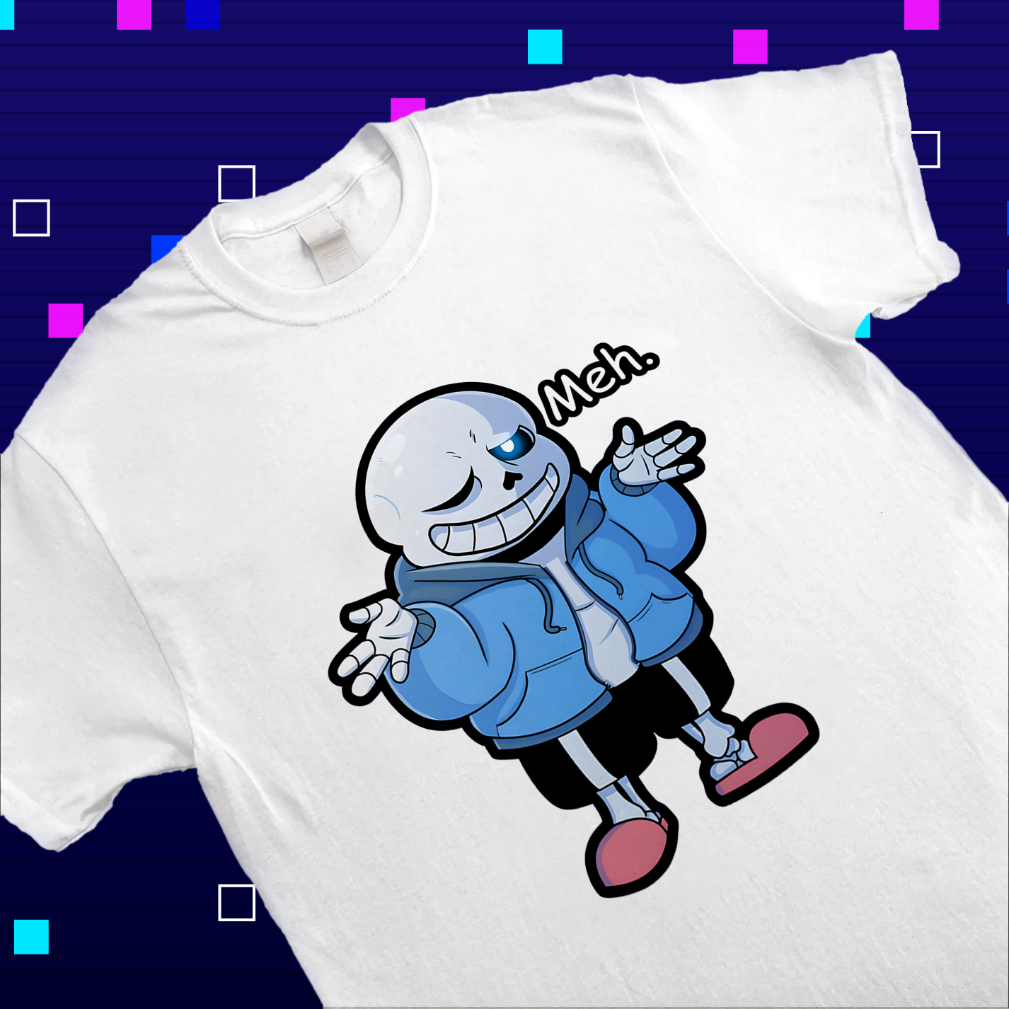 Flat lay of Undertale merch Sans "Meh" tee, displaying the full graphic design