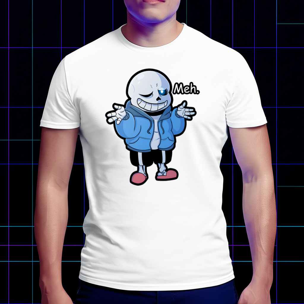 Undertale merch Sans "Meh" T-shirt, front view on model, showcasing the skeleton and text.