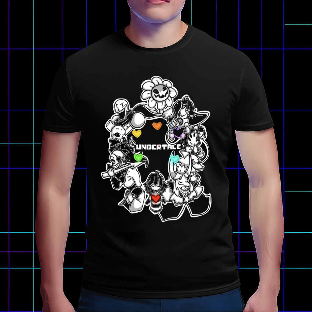 Undertale merch shirt featuring all characters, front view on model, showcasing the complete cast graphic.