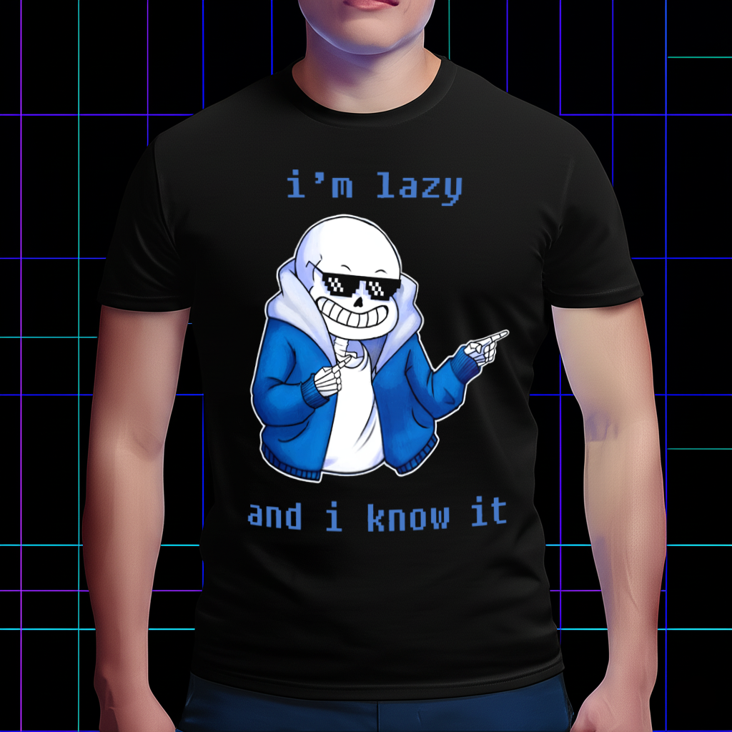 Undertale merch shirt featuring Sans and "I'm lazy and I know it" text, front view on model.