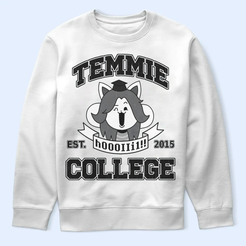 White sweatshirt with Undertale Temmie design and text on a light blue background