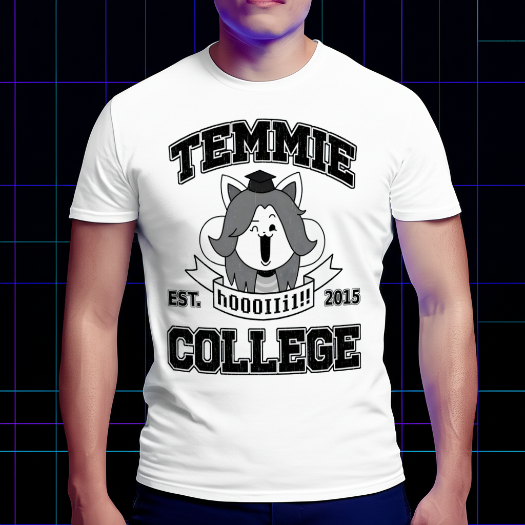 Undertale merch Temmie College est 2015 T-shirt, front view on model, showcasing the iconic Temmie graphic.