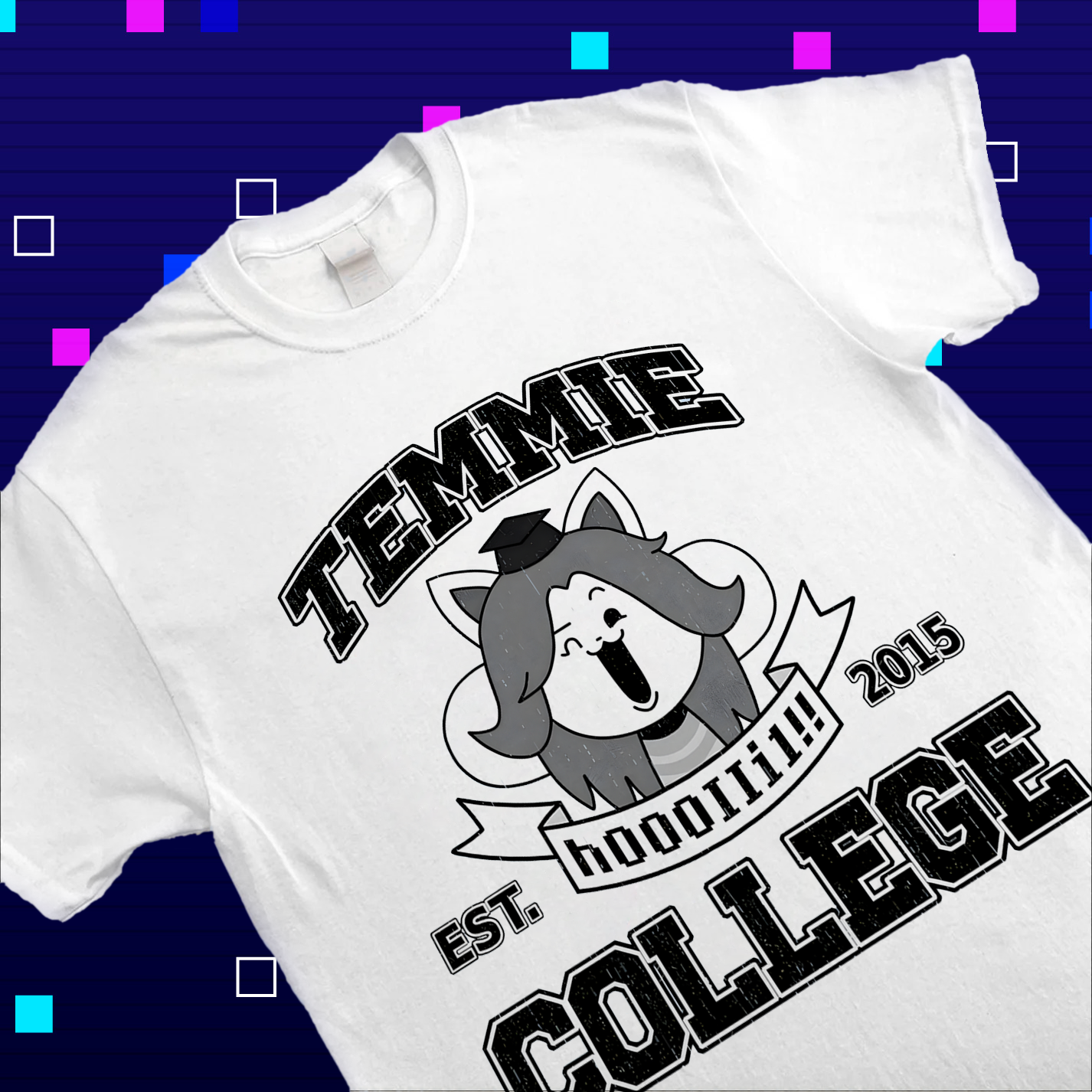 Flat lay of Undertale merch Temmie College T-shirt, displaying the full graphic design.