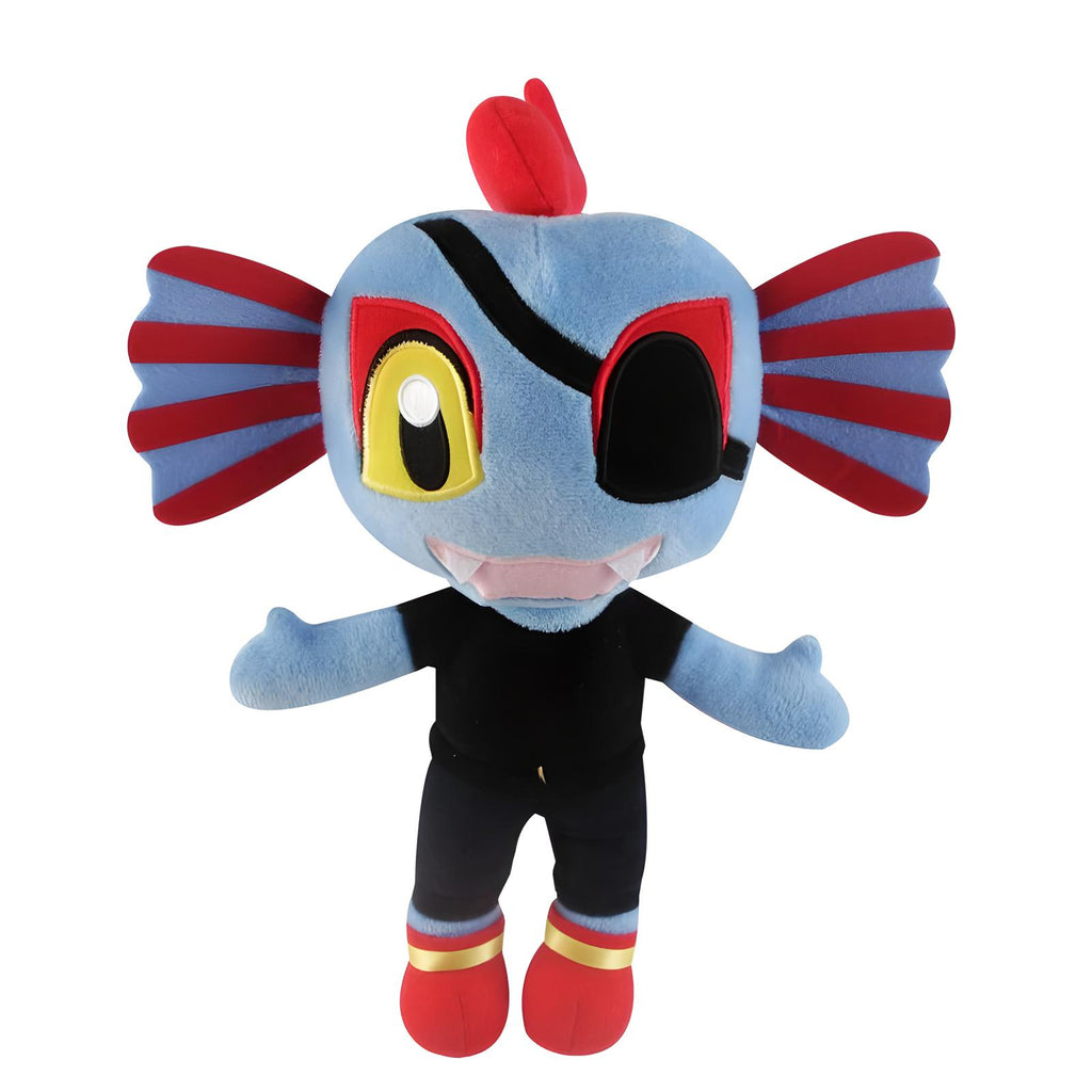 Undertale Merch Undyne Plush Toy, front view, showcasing the determined fish monster doll in armor.