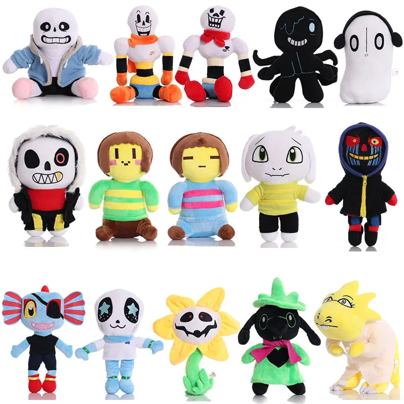 Collection of soft Undertale plush toys including Sans, Papyrus, Frisk, and Alphys, perfect for fans and collectors.