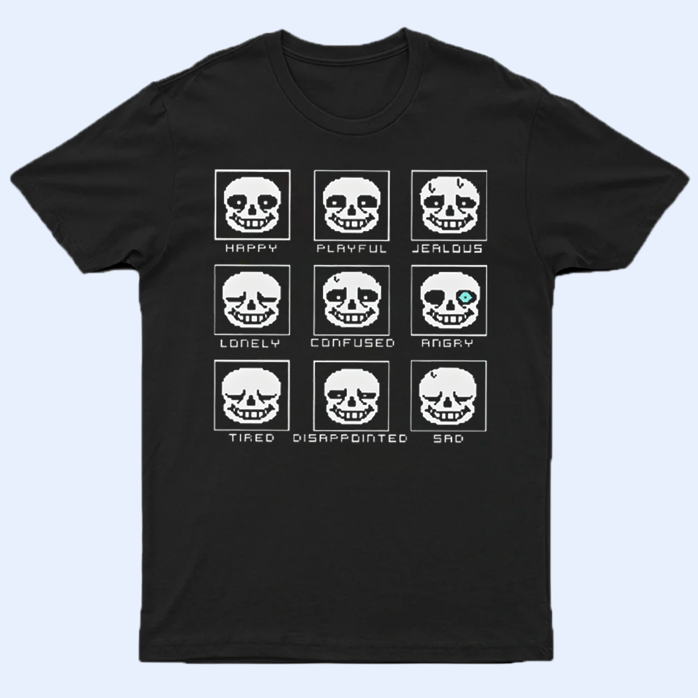 Front view of the Undertale Sans emotional faces T-shirt, showcasing various character expressions