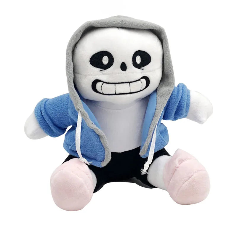 Front view of the Undertale Sans plush toy, showcasing his iconic skeleton grin and blue hoodie.