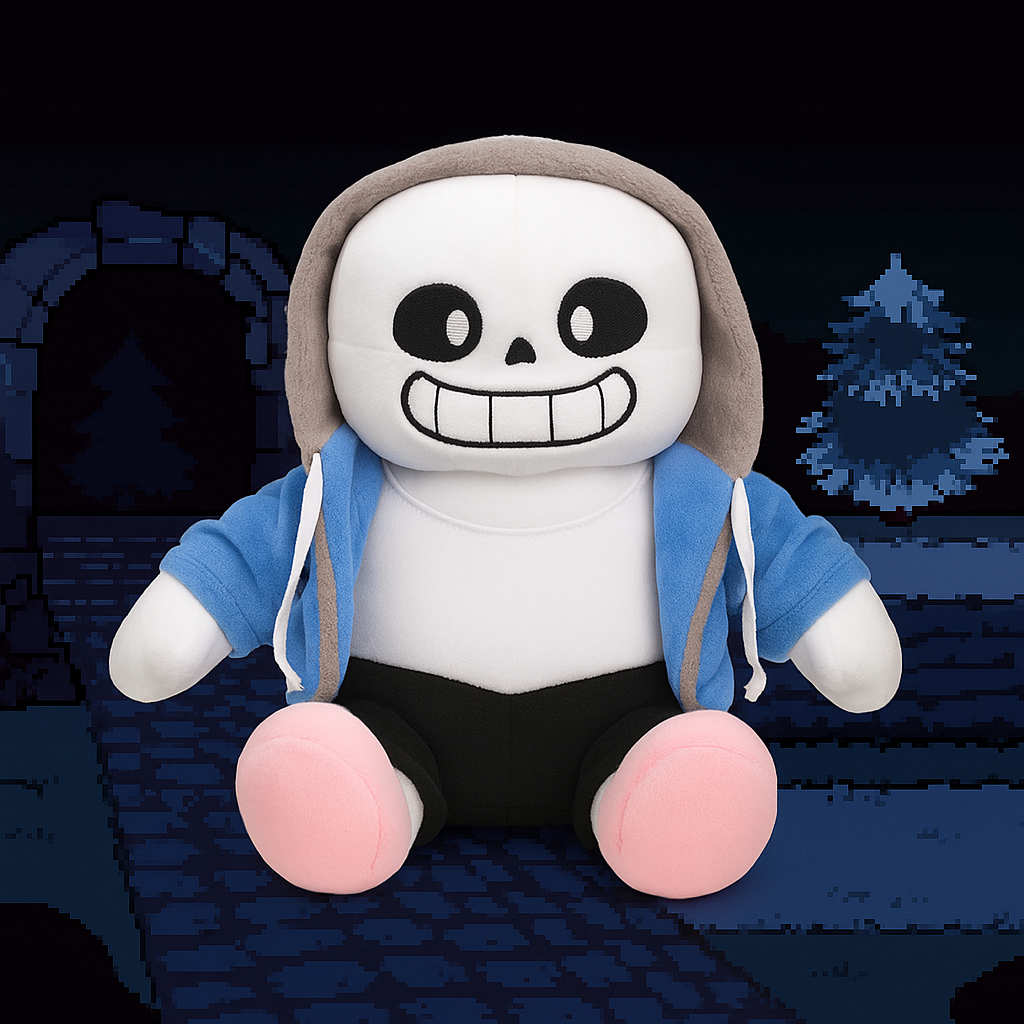 Full view of the Undertale Sans stuffed animal, a must-have collectible for fans of the game.