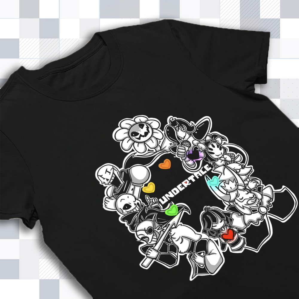 Close-up of the Undertale Shirt's all characters print detail, highlighting the full cast.
