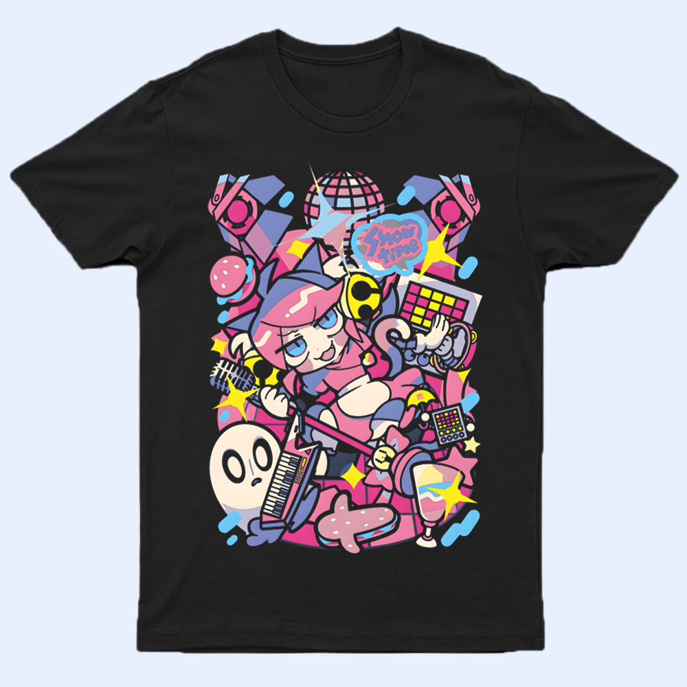 Front view of the Undertale "Showtime" Mettaton T-shirt, showcasing the glamorous robot character graphic.