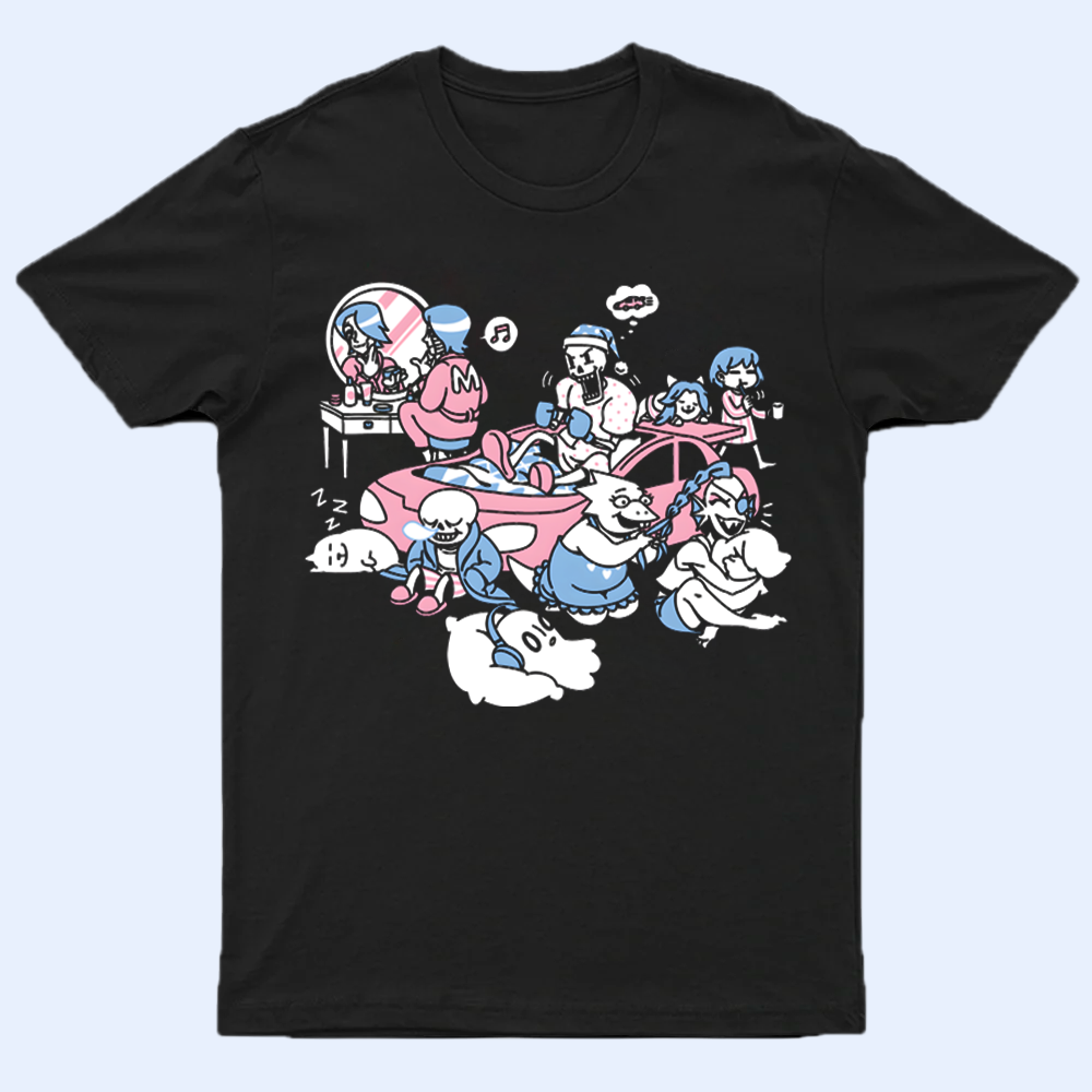 Front view of the Undertale "Sleepover" T-shirt on a model, showcasing Sans, Papyrus, and Frisk in a heartwarming scene.